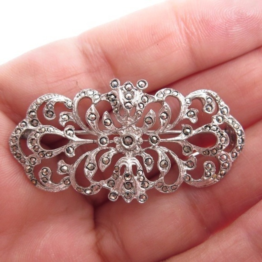 Vintage Sterling Silver Marcasite Filigree Brooch‎ Pin
